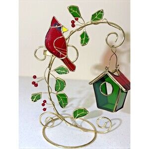 Sun Catcher Stained Glass Tabletop Tealight Holder Red Cardinal Bird & Birdhouse